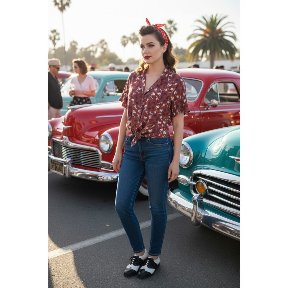 Monteau LA Burgundy Retro Rockabilly Crop Button-Up Top – Puppy Print – Women’s